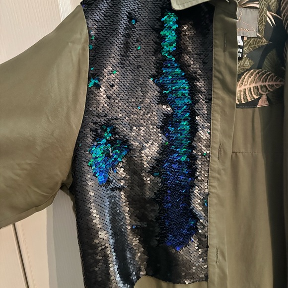 Anthropologie Olive Green Sequin Patch Army Button Down Shirt - Picture 4 of 10